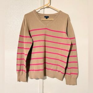 Woman’s Large Nautica Beige V-Neck Long Sleeve Sweater W/ Diagonal Pink Stripes